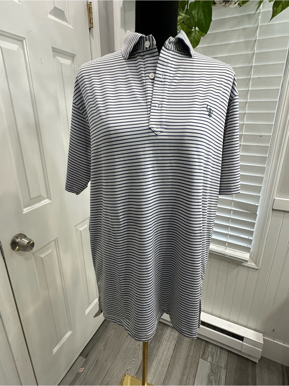 Men's Striped White and Navy Polo Shirt with Subtle Chest Logo